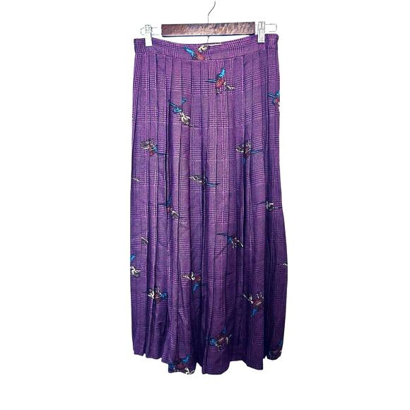 Vintage Diane von Furstenberg Maxi Pleated Skirt Purple Bird Plaid Print Size 12